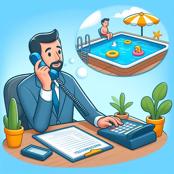 A cartoon-style illustration of a business professional at a desk talking on a landline phone while looking at a thought bubble depicting a bright, sunny swimming pool with people relaxing in it.